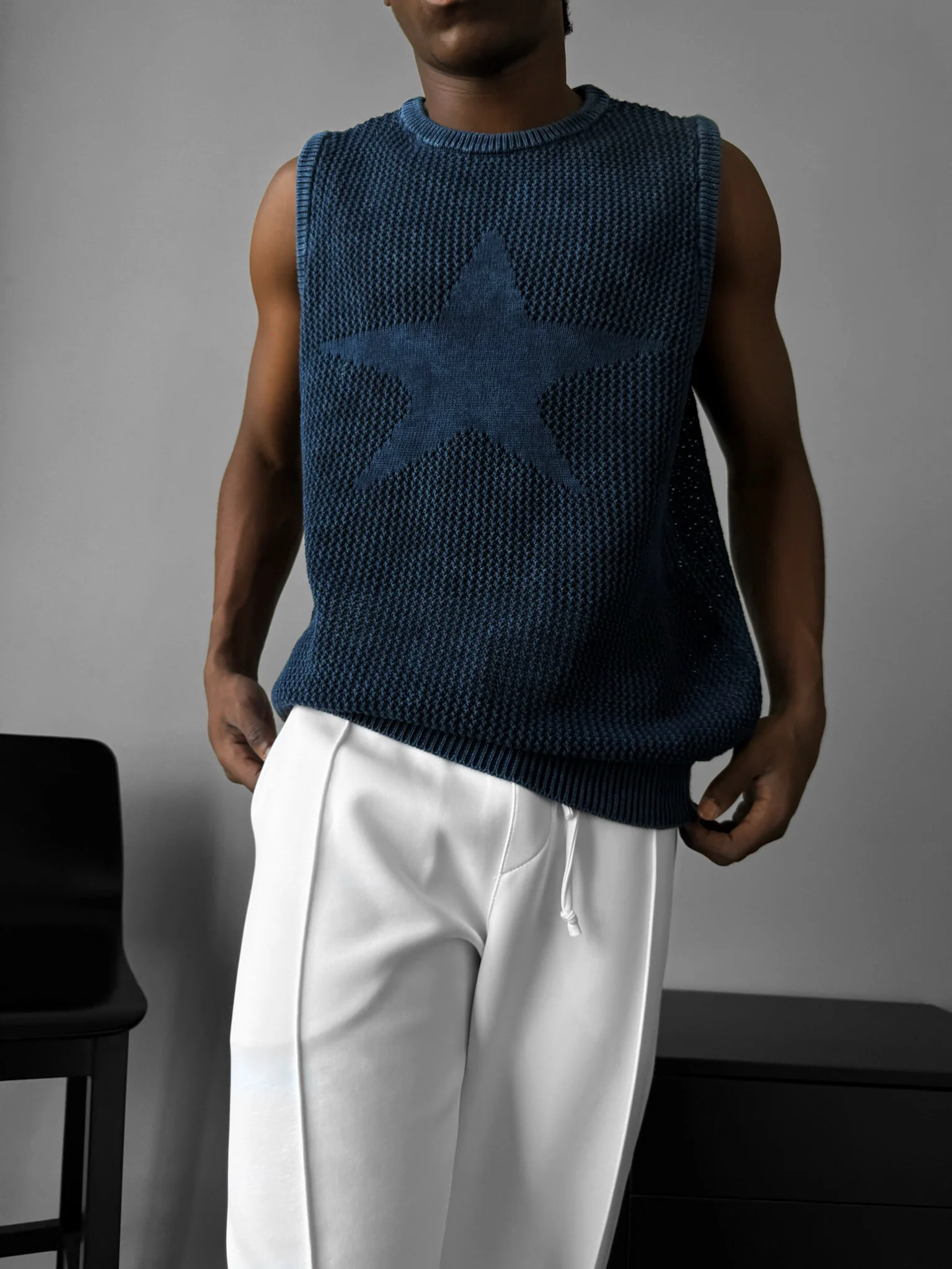 Oversize Washed Knit Star Tanktop - Blue