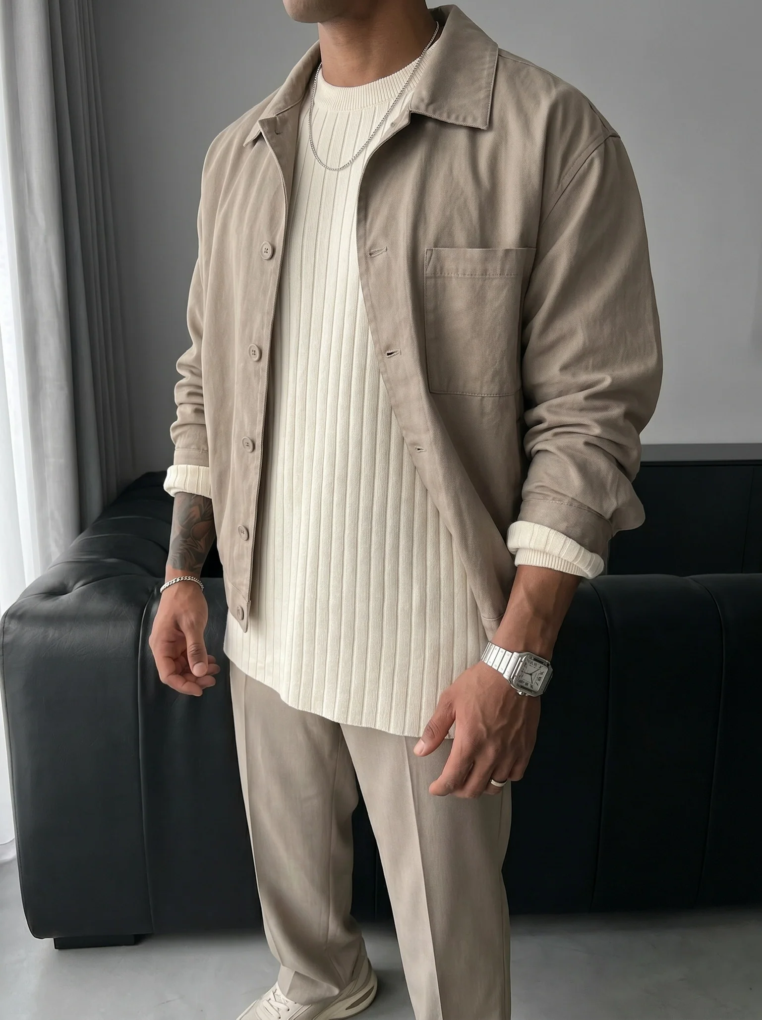 Oversize Wide Ribbed Long Arm Knit Sweatshirt - Stone - Image 2