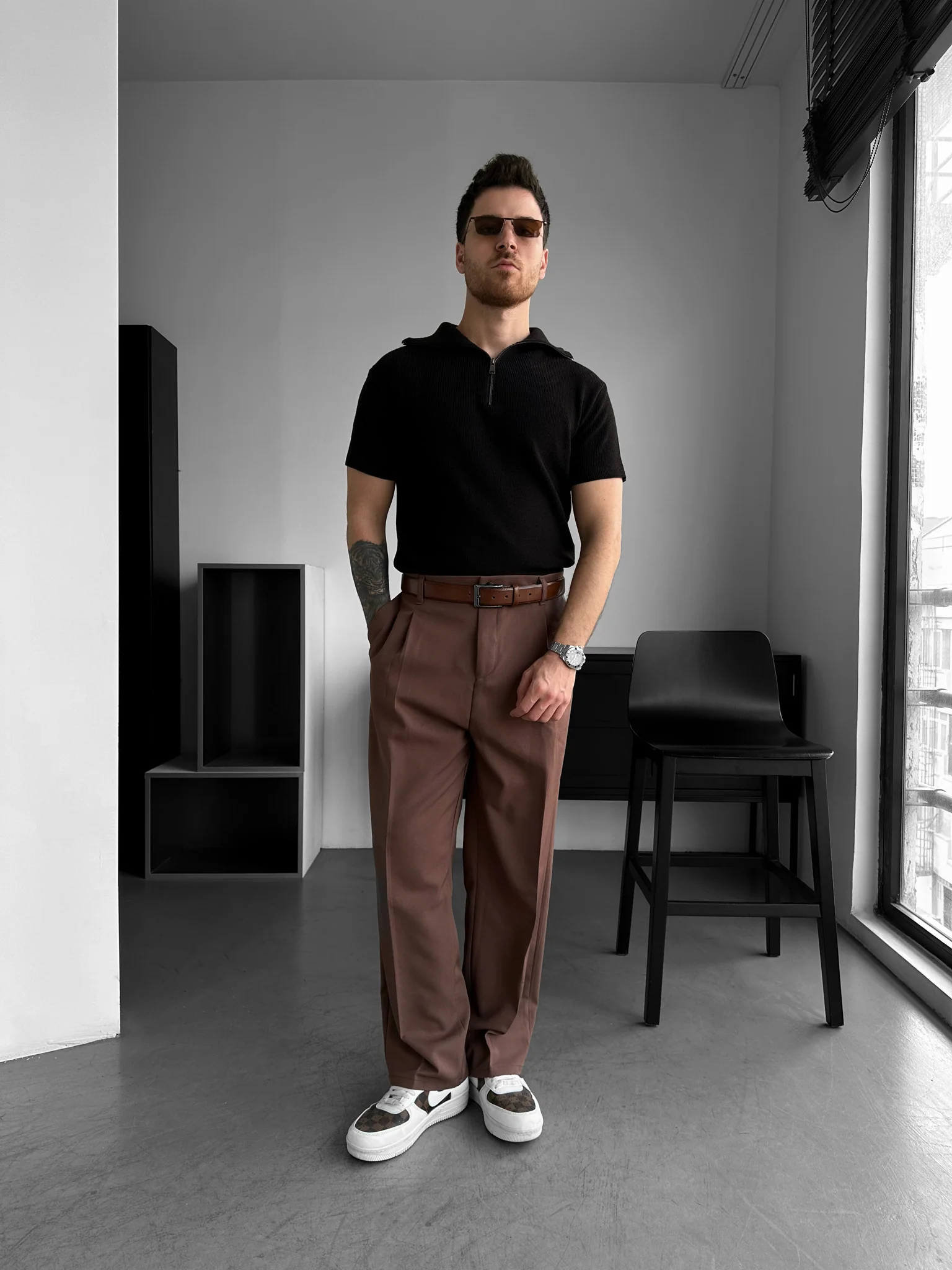 Oversize Zip Neck Knit T-shirt - Dark Brown - Image 3