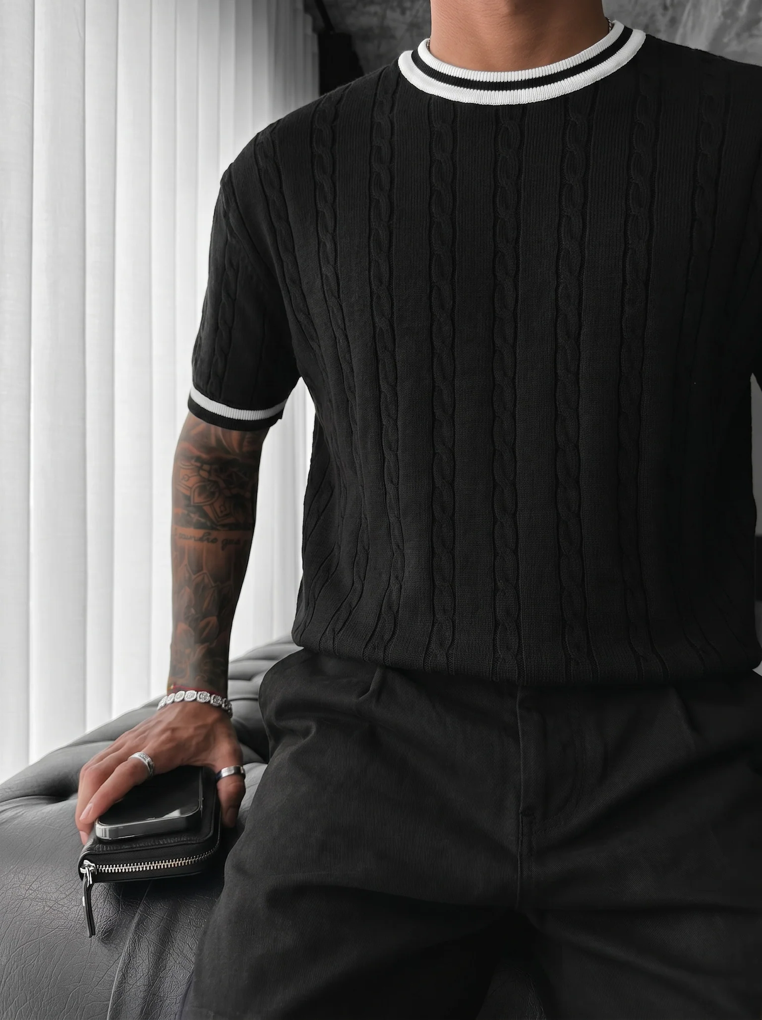 Regular Fit Braid Knit T-shirt - Black - Image 2
