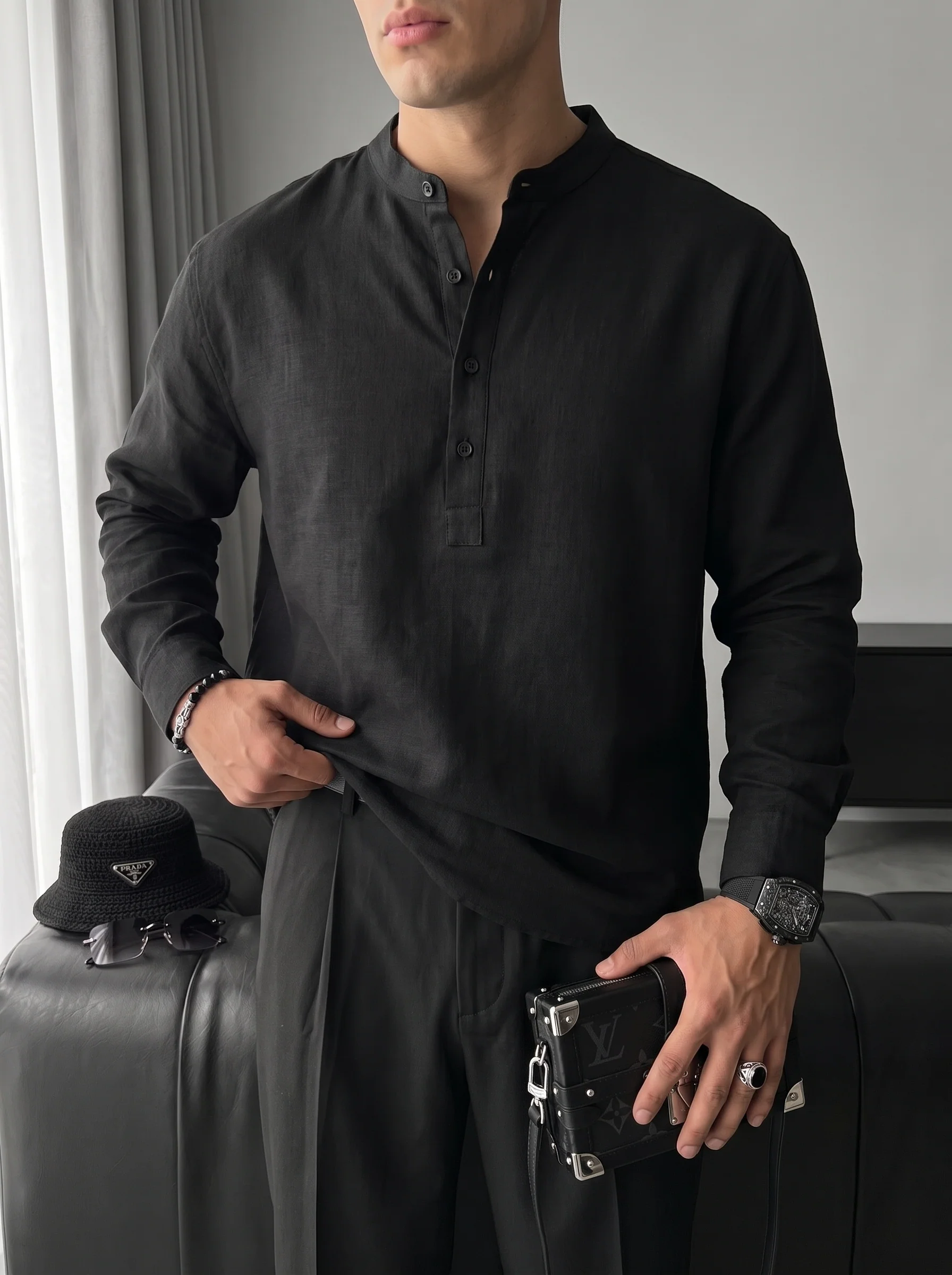 Regular Fit Cotton Shirt - Black - Image 4