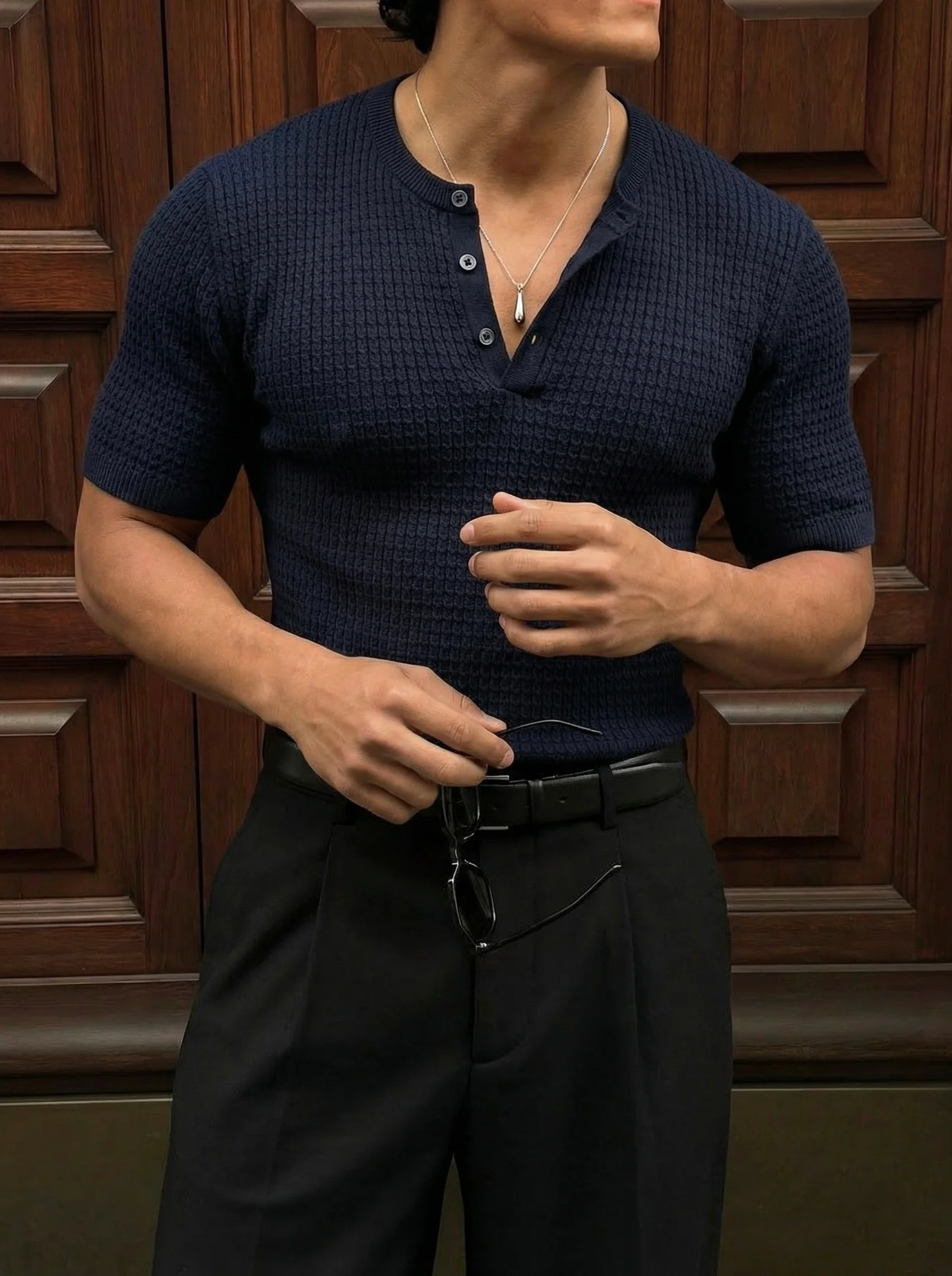 Regular Fit Waffle Button T-shirt - Navy Blue