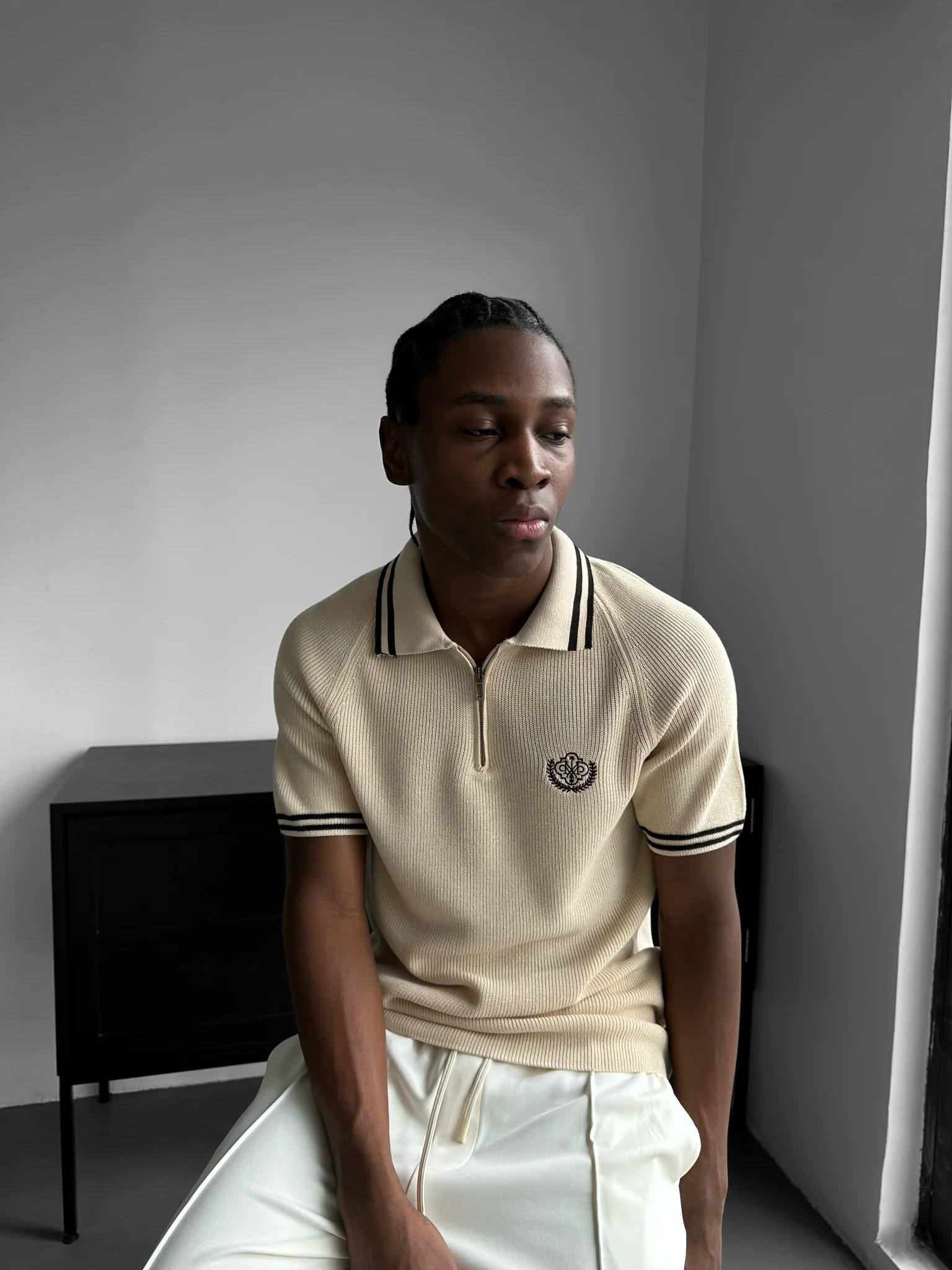 Slim Fit Half-Zip Embroidered Polo T-shirt - Beige - Image 2