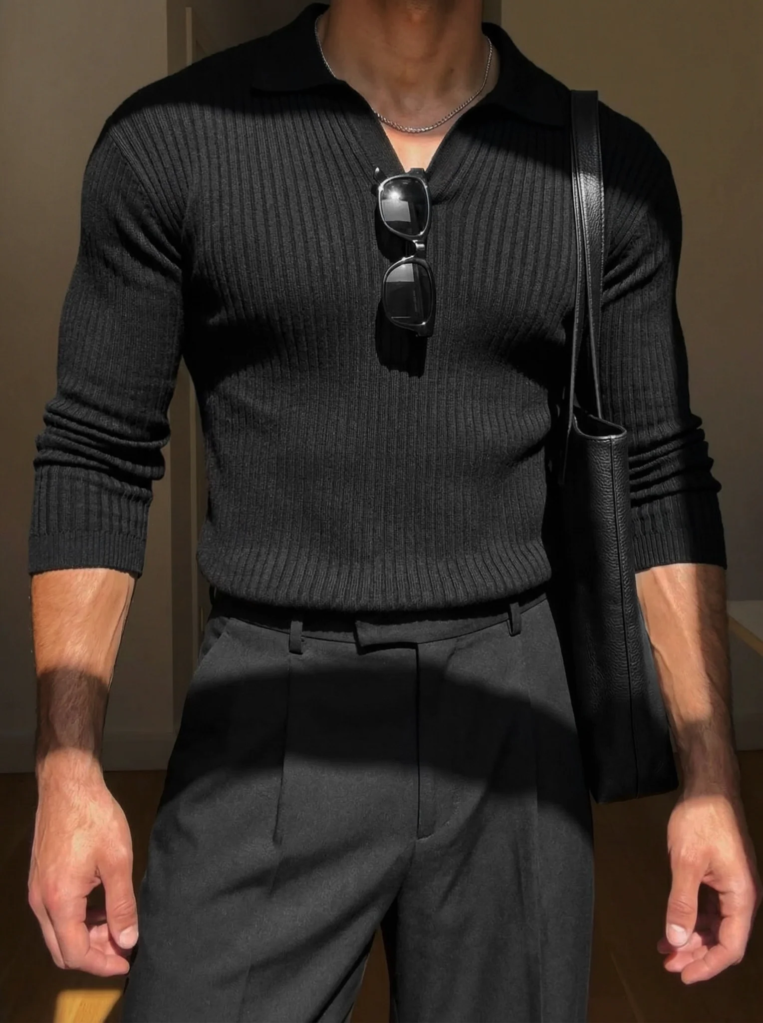 Slim Fit Knit Polo Sweater - Black