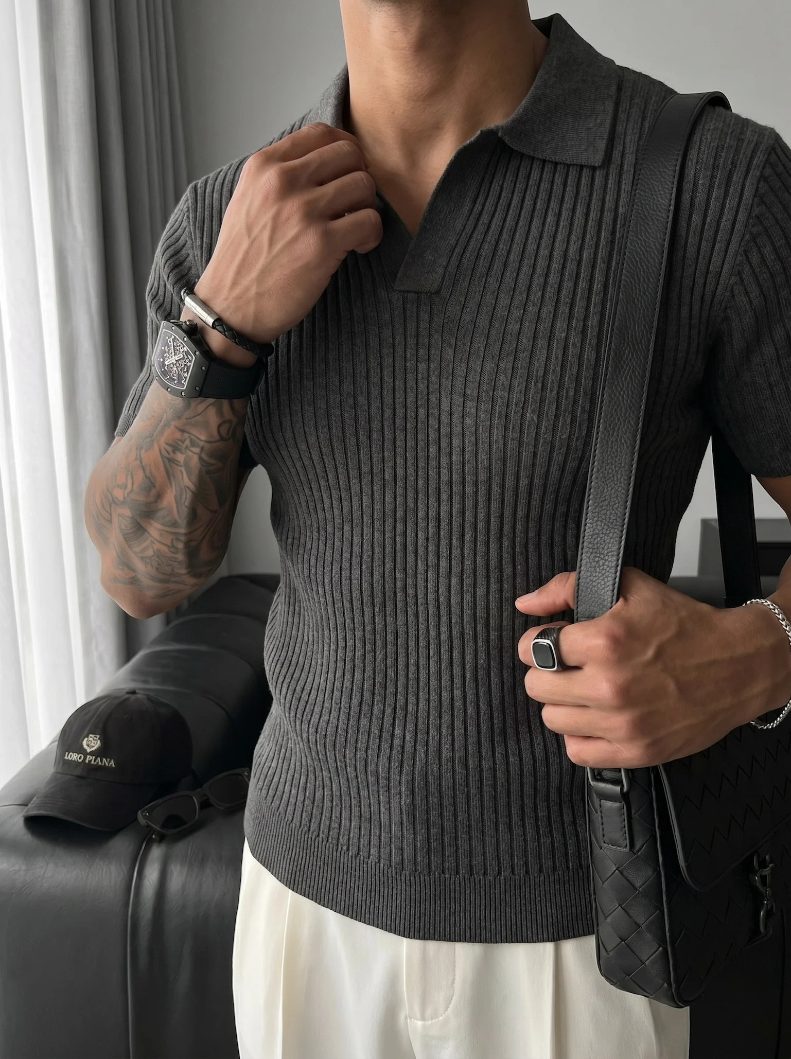 Slim Fit Knit Polo T-Shirt - Anthracite - Image 2
