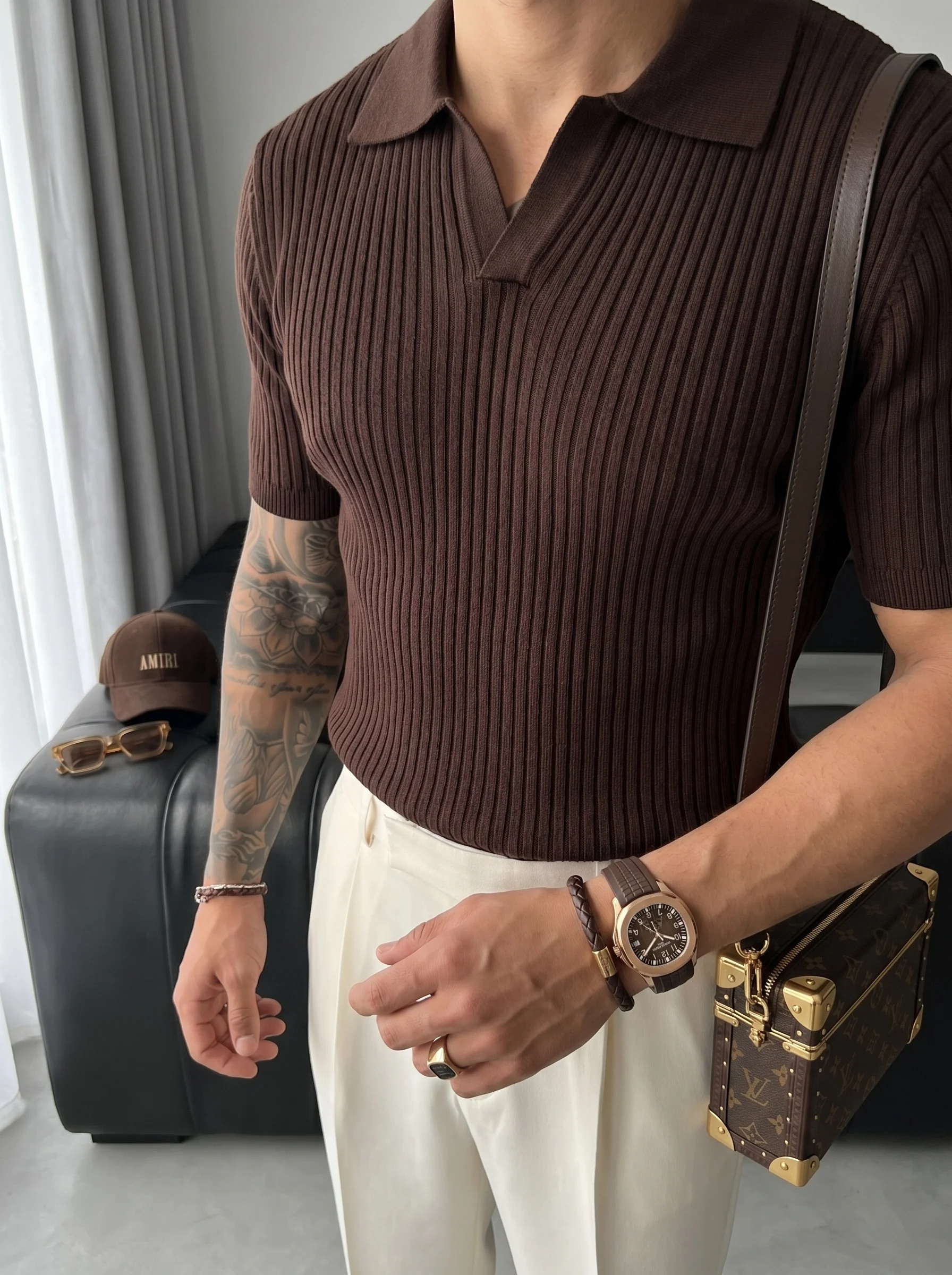 Slim Fit Knit Polo T-Shirt - Dark Brown - Image 2