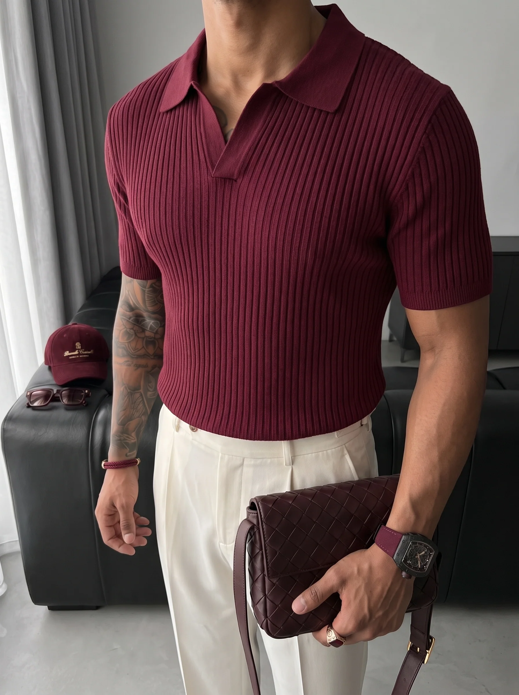 Slim Fit Knit Polo T-Shirt - Plum - Image 2