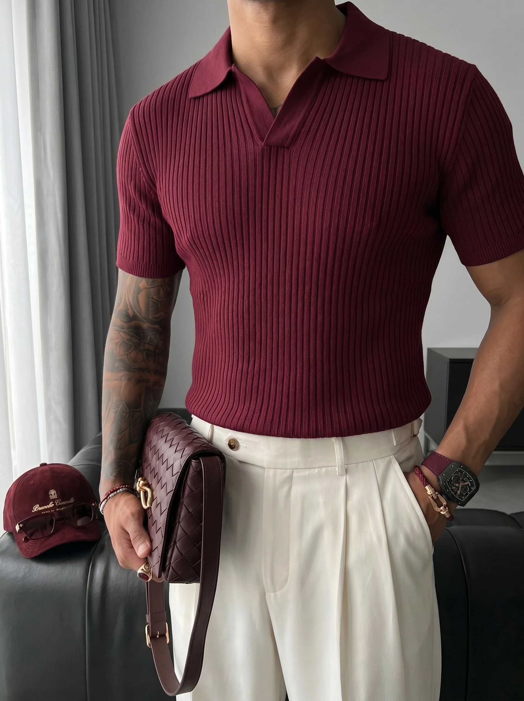 Slim Fit Knit Polo T-Shirt - Plum - Image 3