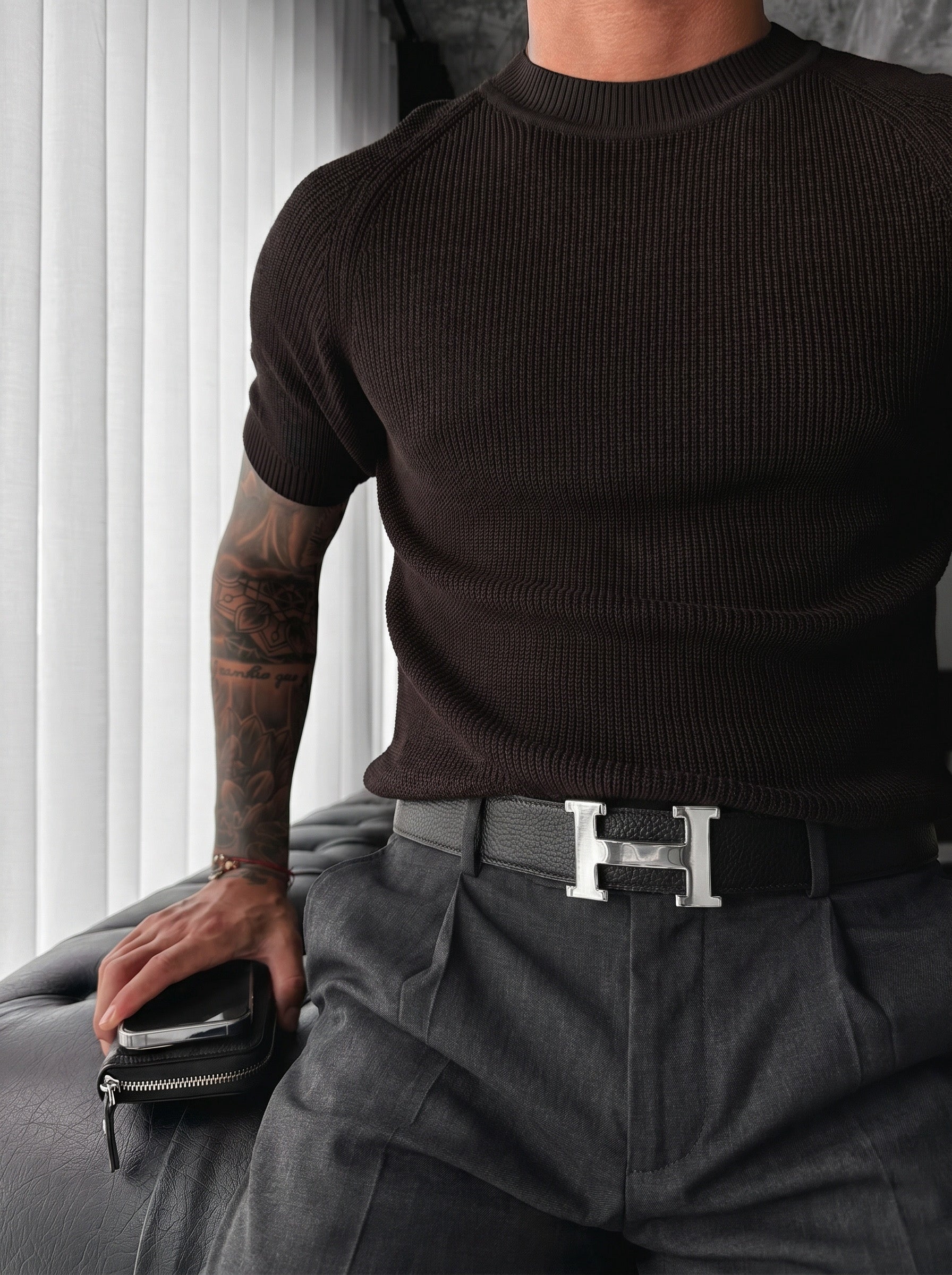 Slim Fit Knit T-shirt - Dark Brown
