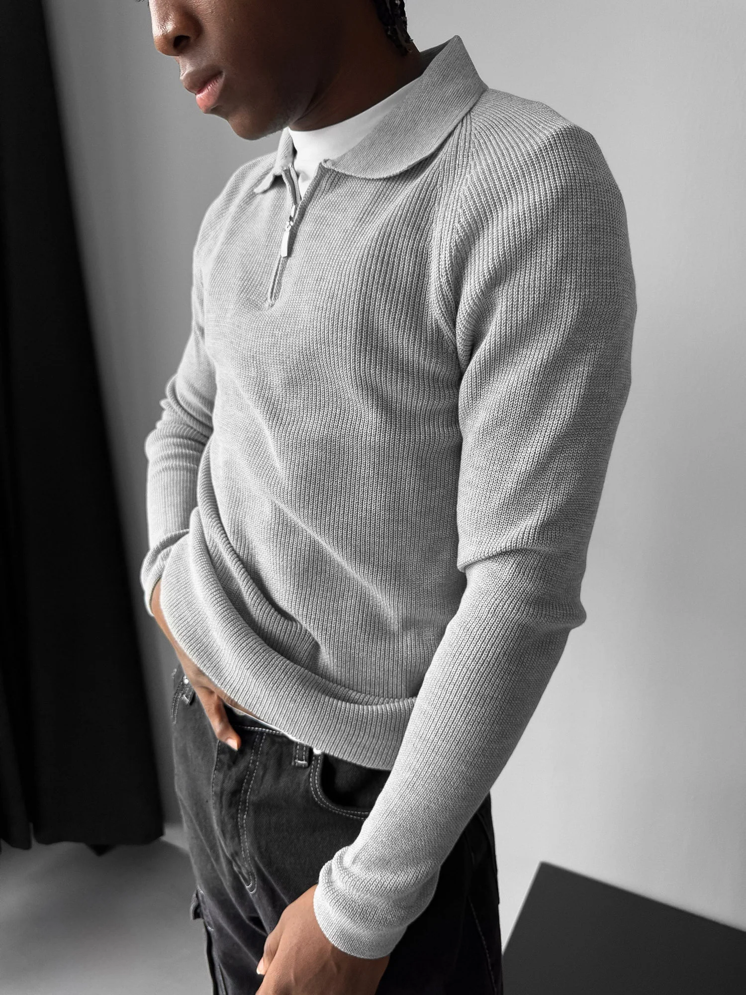 Slim Fit Knit Zipper Polo Sweater - Grey - Image 2
