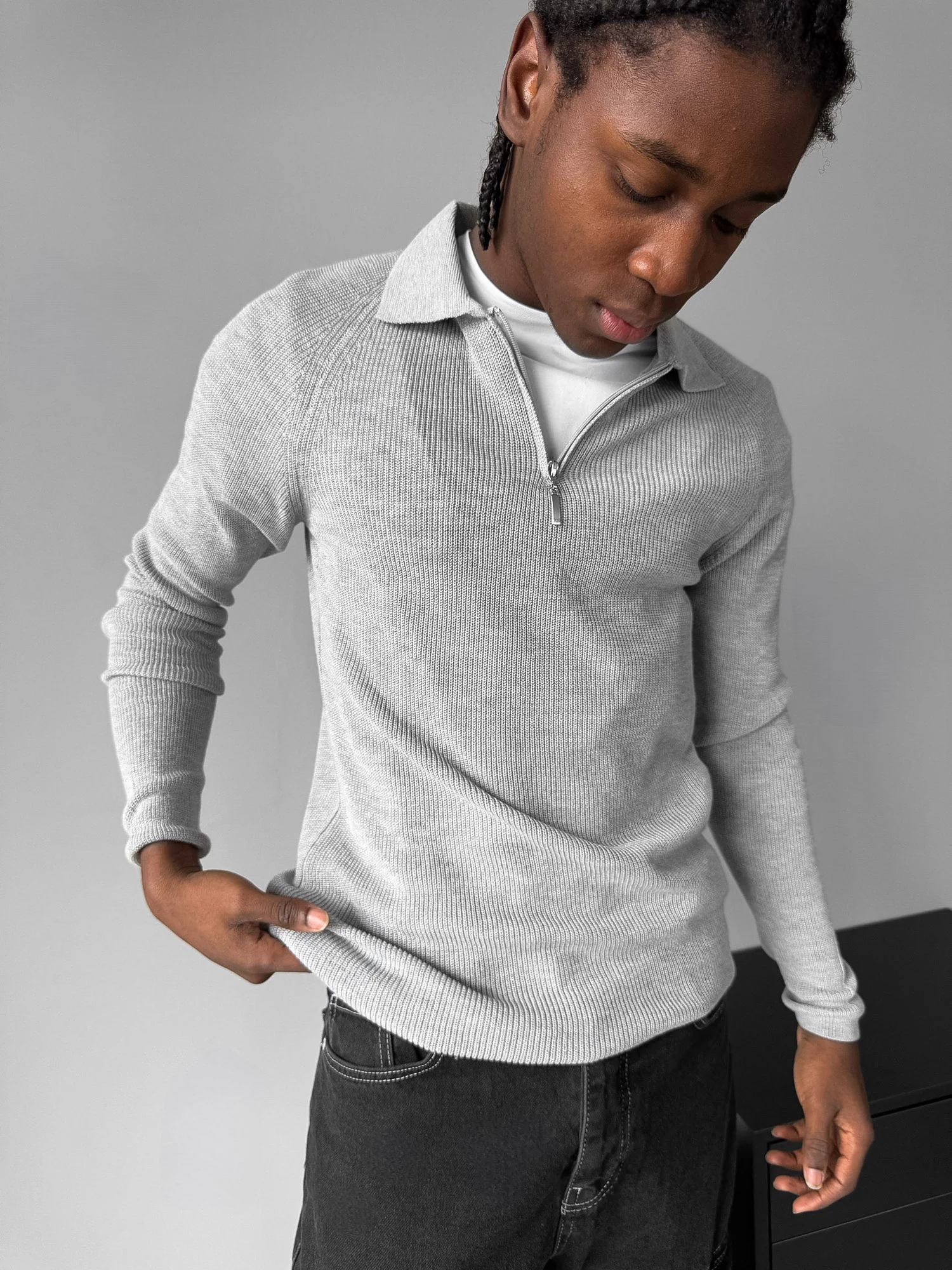 Slim Fit Knit Zipper Polo Sweater - Grey - Image 3