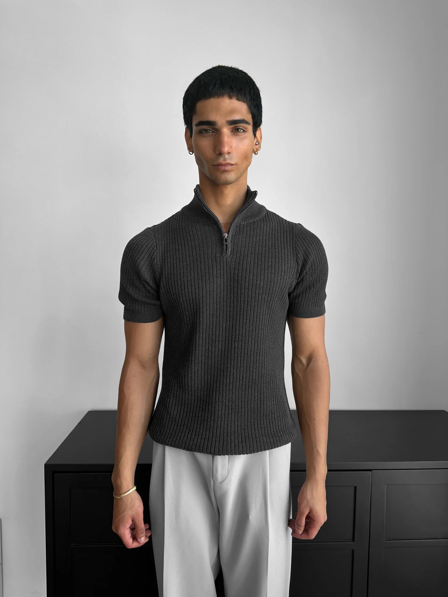 Slim Fit Mock Neck Zip T-shirt - Anthracite - Image 2