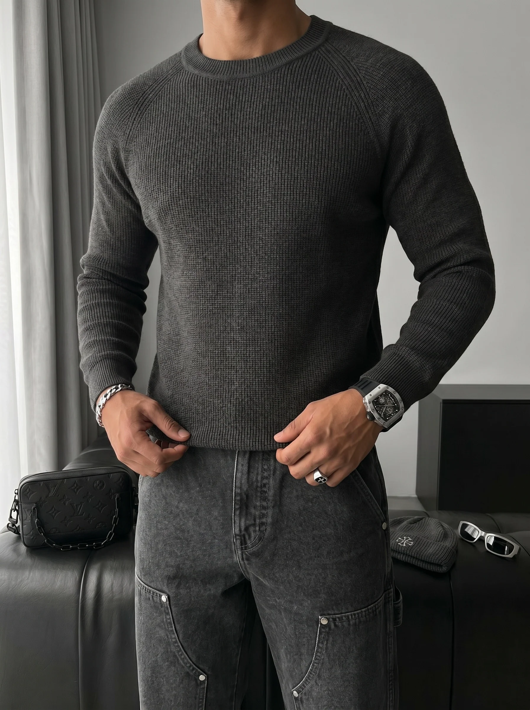 Slim Fit Thin Knit Sweater - Anthracite - Image 4