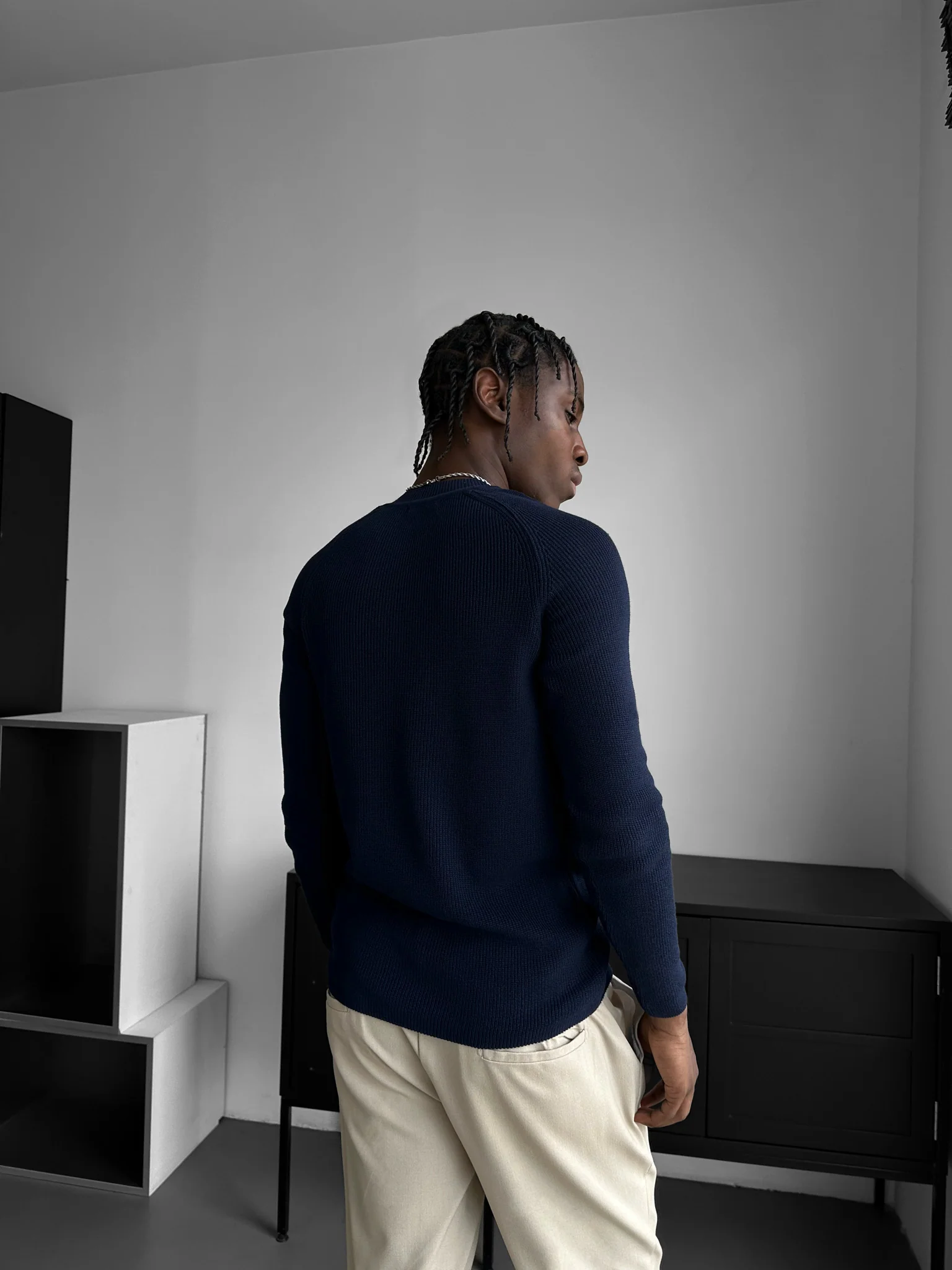 Slim Fit Thin Knit Sweater - Navy Blue - Image 3